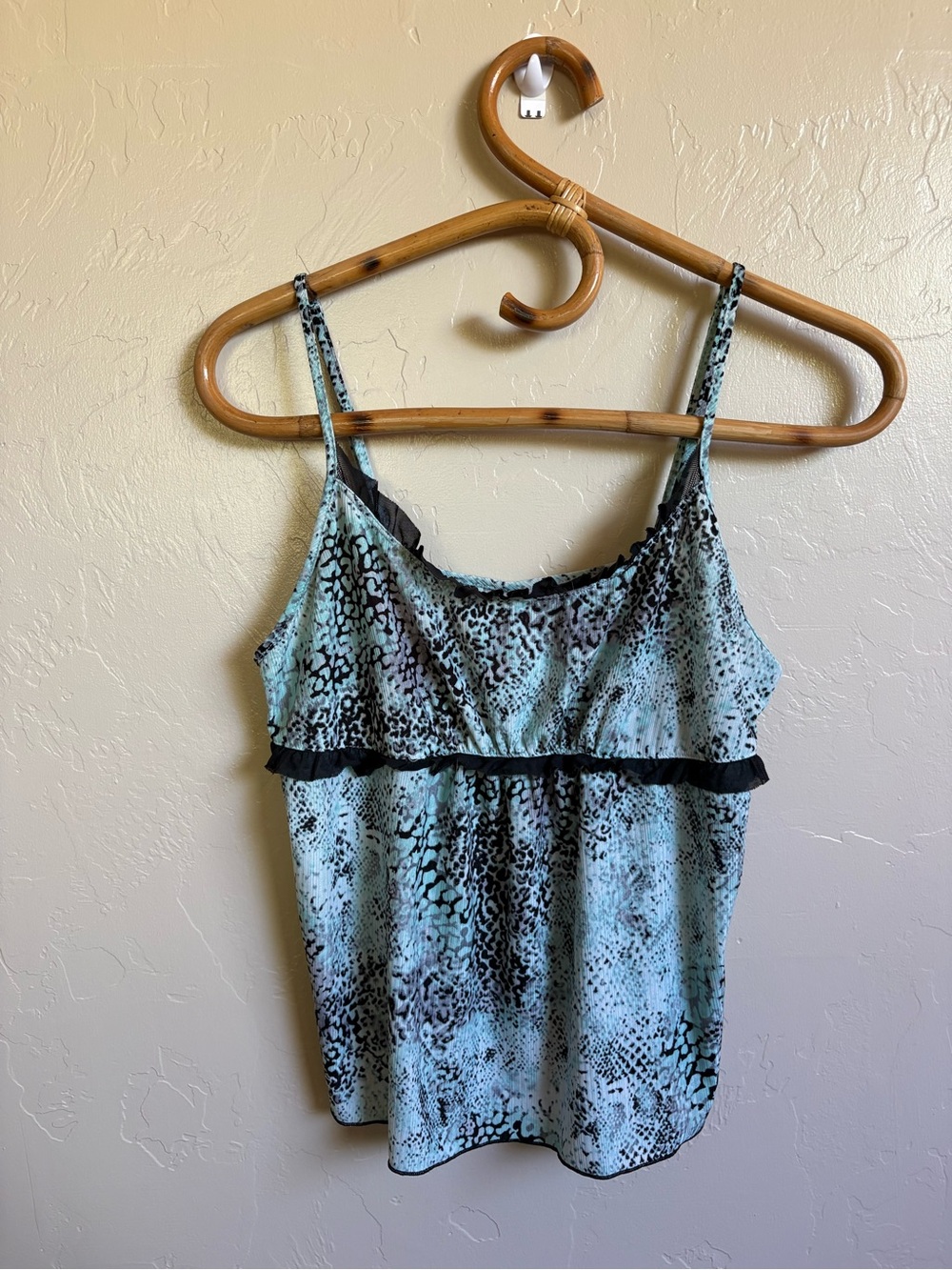 Y2K Secret Treasures Cami Slip Tank Top Ruffle Mesh Trim Turquoise Cheetah Print